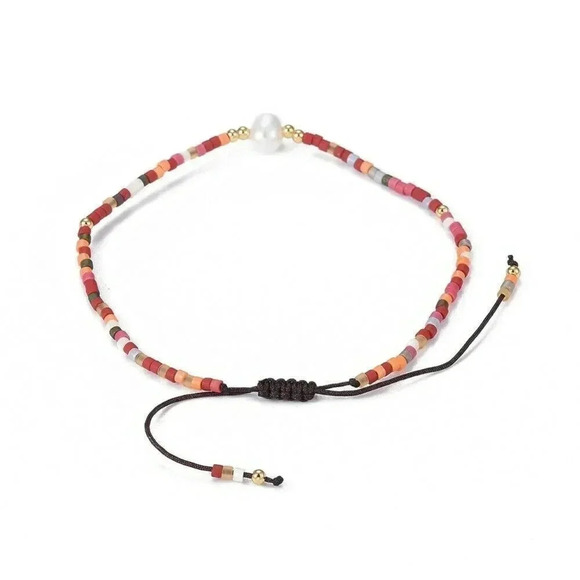 Handcrafted Real Freshwater Pearl Sunset Red Multi Japanese Glass Beads Bracelet - Picture 3 of 3